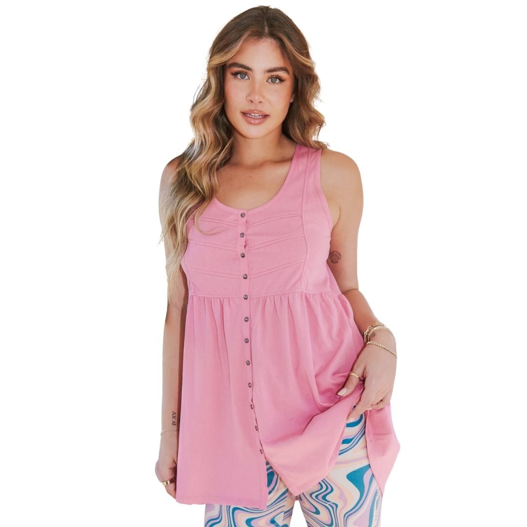 Peach Love California Pink Button Down Knit Babydoll Tunic IT84813-PINK