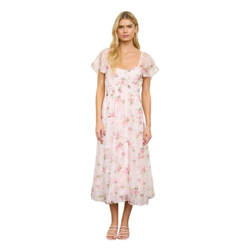blu pepper pink floral dress Blu Pepper Floral Chiffon Shirred Midi Dresses at Boutique La Voga