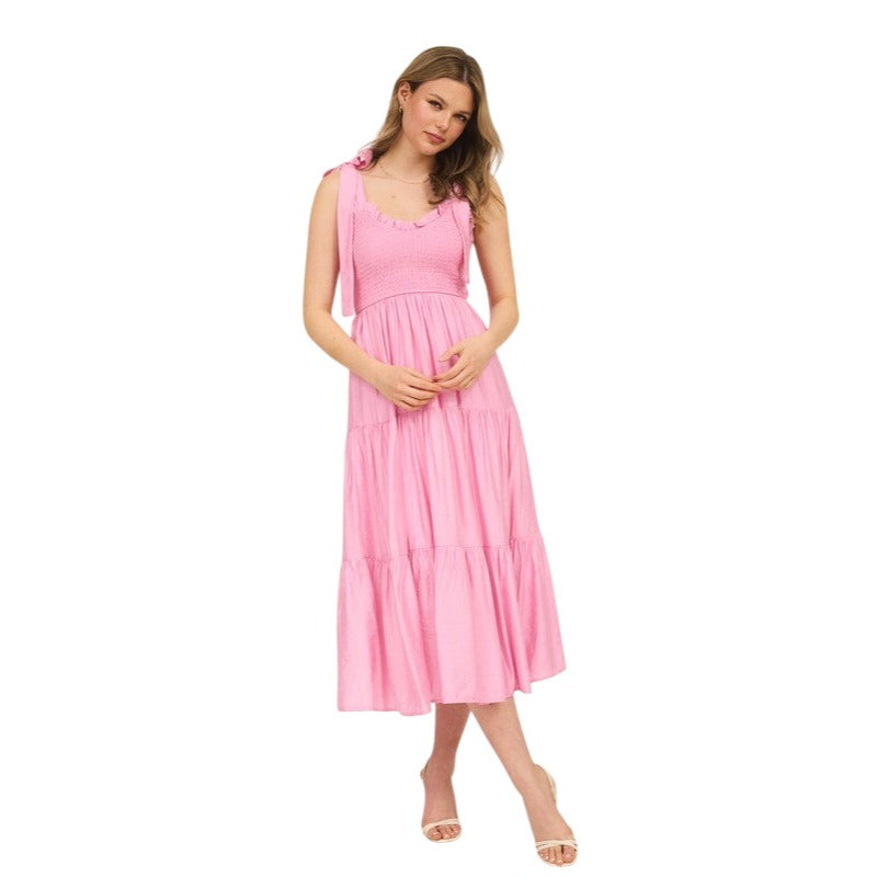 Blu Pepper Smocked Sweetheart Tiered Tie Strap Maxi Dress CR2442 Pink / Large Blu Pepper Smocked Sweetheart Tiered Tie Strap Maxi Dress CR2442 Pink / Large