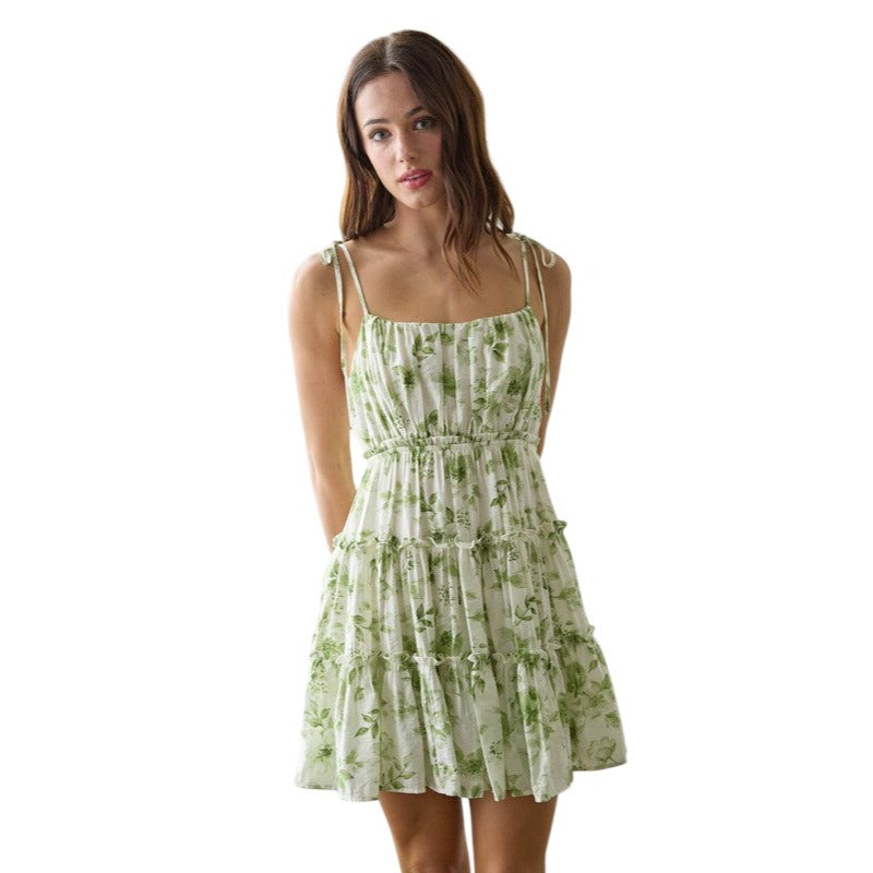 Blu Pepper Floral Spaghetti Strap Back Tie Tiered Mini Dress Green or Blue CR2459 Blue / Small