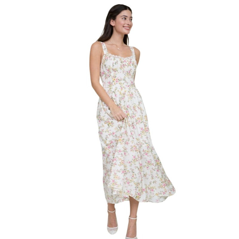 blu pepper floral lace trim midi dress Blu Pepper Women's Lace Detail Floral Midi Dress - Natural