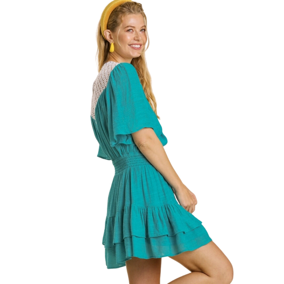 UMGEE Turquoise Blue Short Bell Sleeve Dress with Ruffle Hem K6142