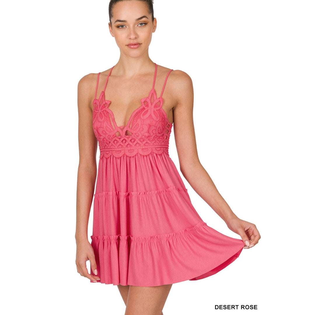 Zenana Strappy Desert Rose Lace Ruffled Super Short Mini Dress LT6348