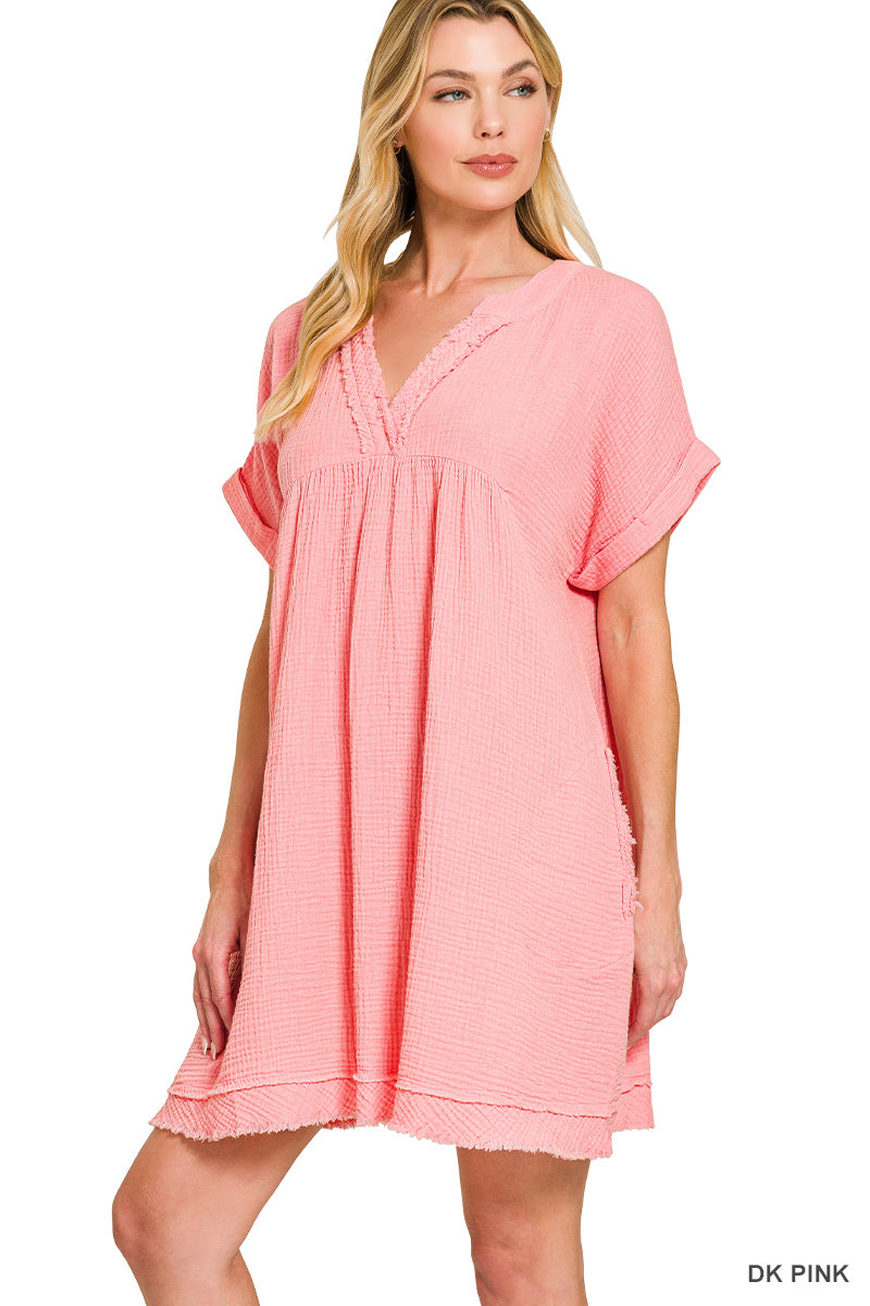 Zenana Washed Double Gauze Raw Edge V-Neck DRESS QD-1224D4