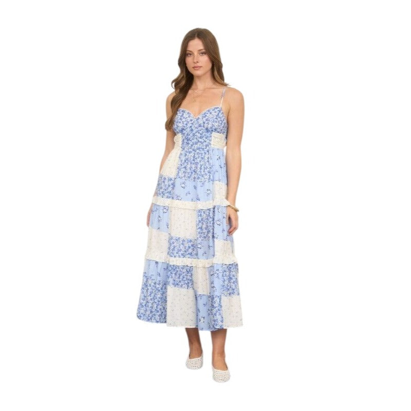 blu pepper floral midi dress Blue Multi Checkered Floral Midi Dress Large