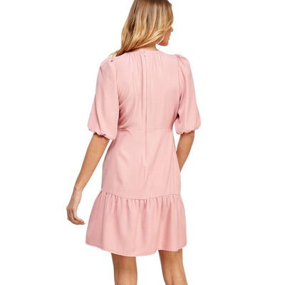 Two Hearts Pink 3/4 Puff Sleeve Drop Hem Ruched Mini Dress D3883-PINK