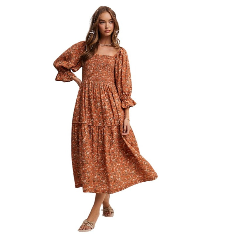Listicle Floral Tiered Teal or Rust Midi Dress LD1477 Rust / Large Listicle Floral Tiered Teal or Rust Midi Dress LD1477 Rust / Large