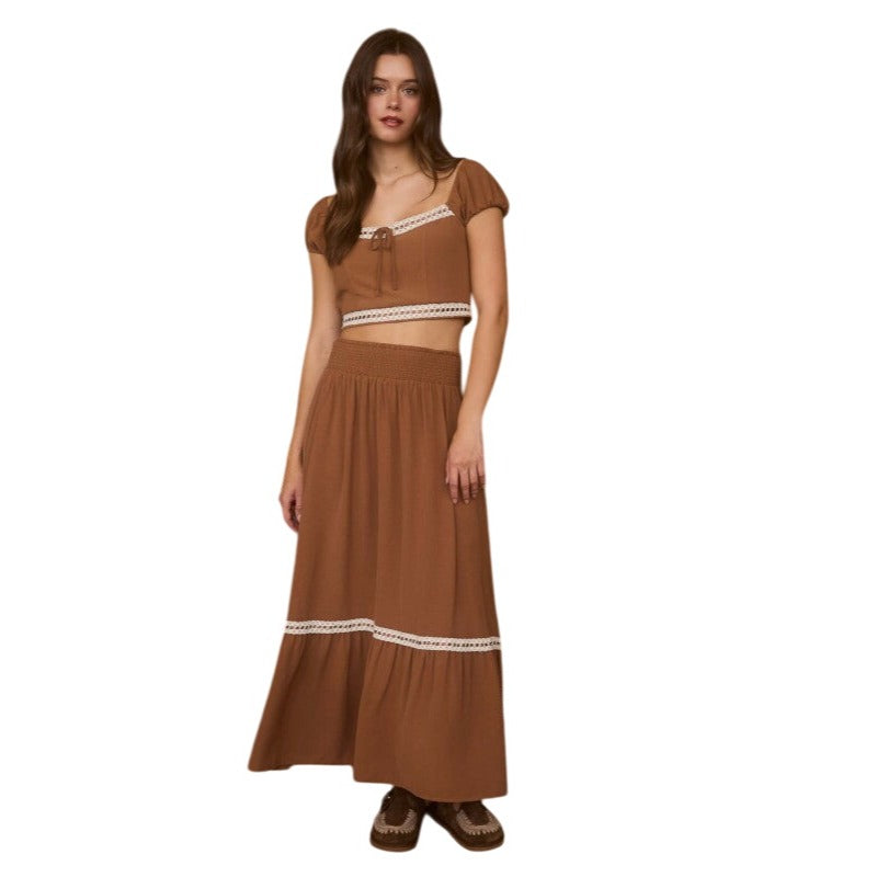 Blu Pepper Contrast Lace Trim Smocked Waist Midi Skirt and Cropped Top Set CR2666-B Brown / Large Blu Pepper Contrast Lace Trim Smocked Waist Midi Skirt and Cropped Top Set CR2666-B Brown / Large