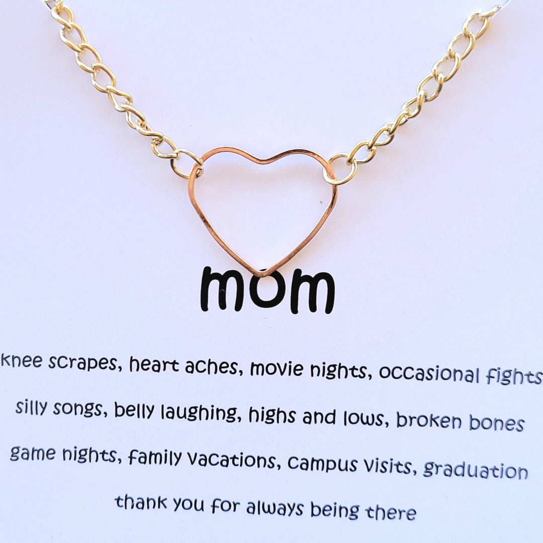 Solitaire Gold Open Heart Necklace with Sentimental Message Card - Gift for Mom