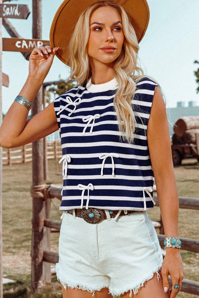 Blue and White Stripe Knitted Bow Decor Sweater Vest P519