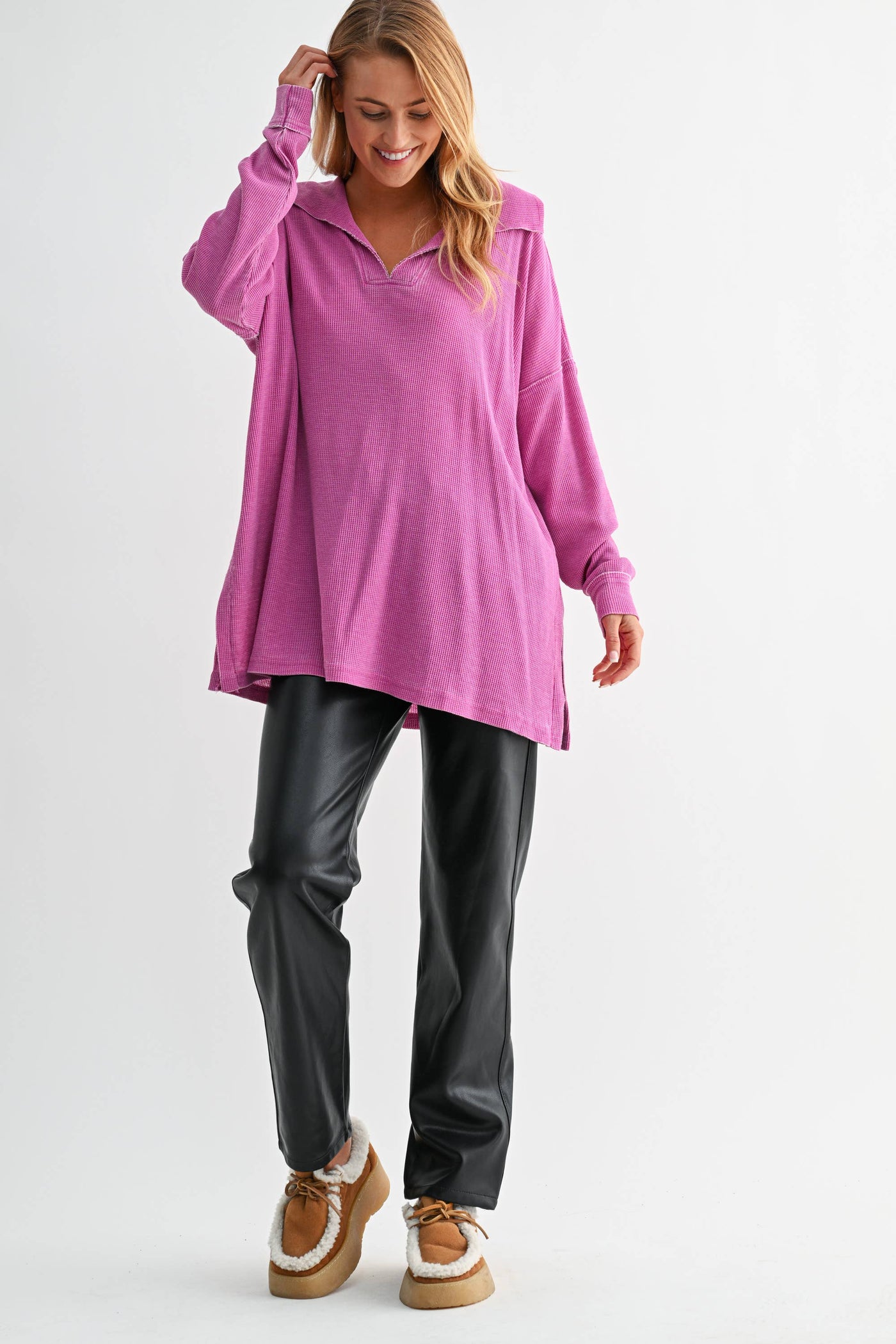 Mono B Oversized Waffle Knit Collared Long Sleeve Sweat Shirt KT5459