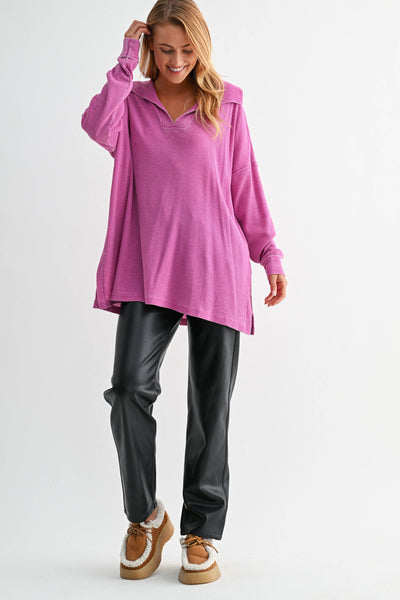 Mono B Oversized Waffle Knit Collared Long Sleeve Sweat Shirt KT5459