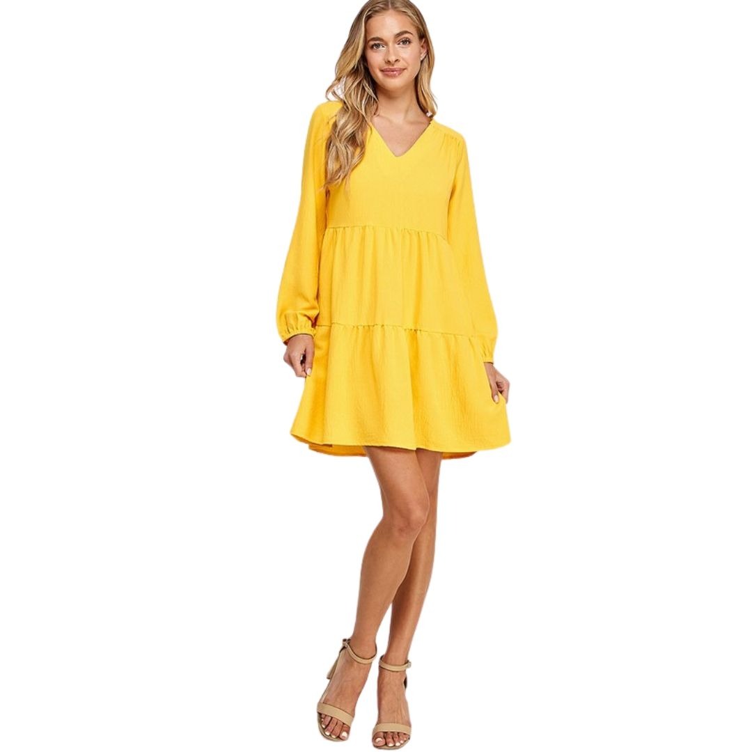 Two Hearts Yellow Long Sleeve V-Neck Flowy Tiered Mini Dress D3890-YELLOW