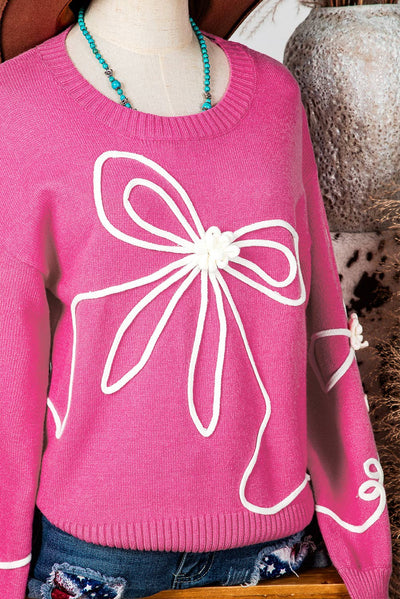 Pink Long Sleeve Corded Flower Bow Ribbon Trim Sweater