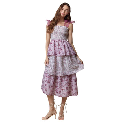 Peach Love California Floral Printed Organza Strap & Smocking Dress ID801024