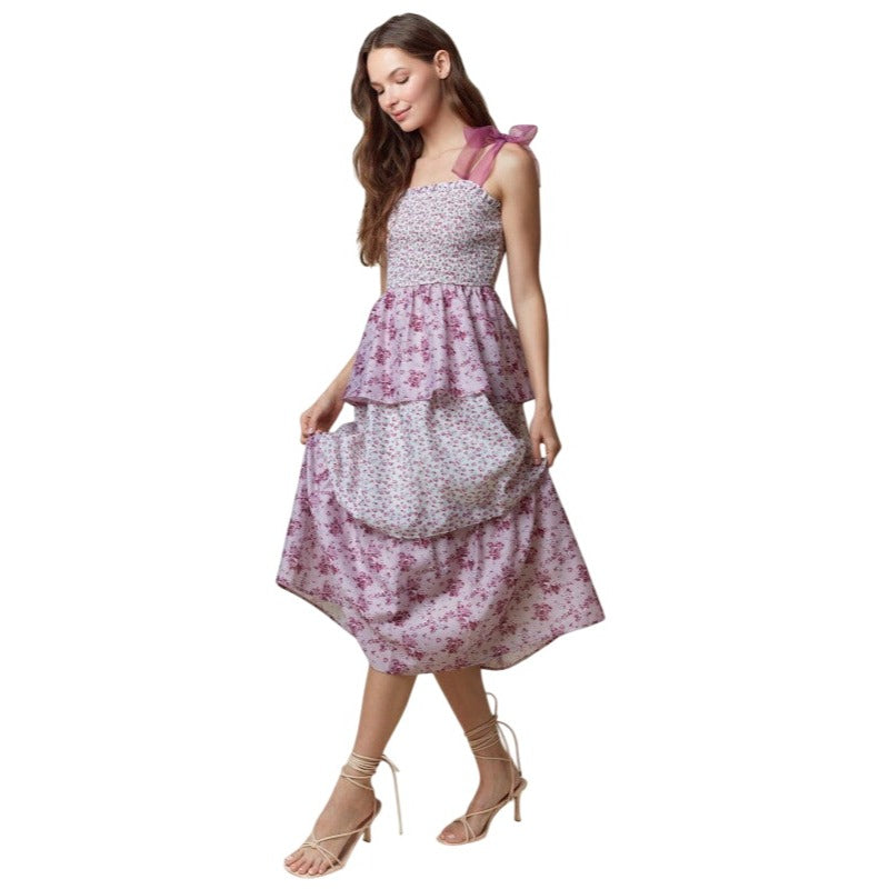 Peach Love California Floral Printed Organza Strap & Smocking Dress ID801024