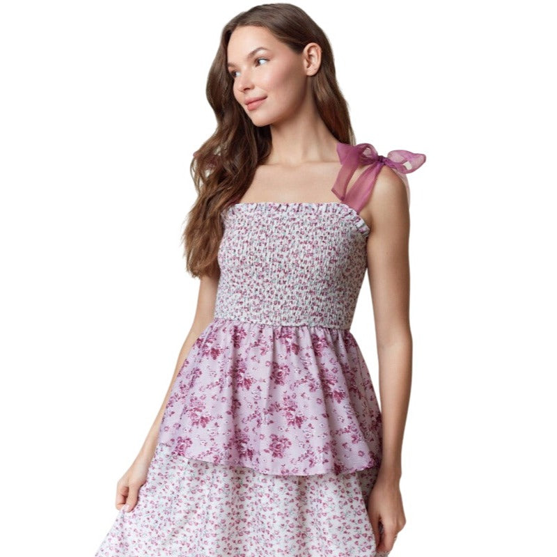 Peach Love California Floral Printed Organza Strap & Smocking Dress ID801024