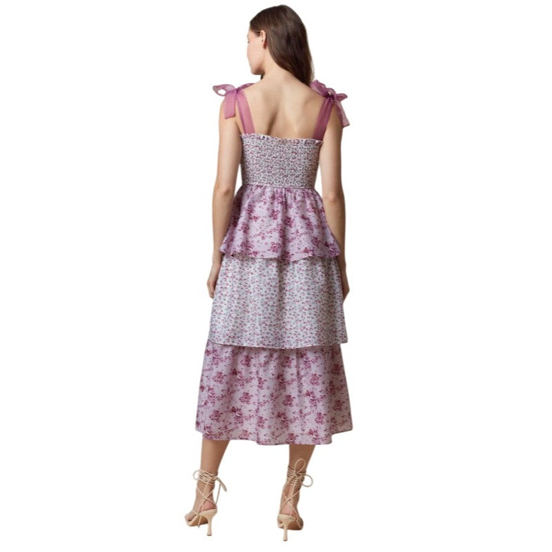 Peach Love California Floral Printed Organza Strap & Smocking Dress ID801024