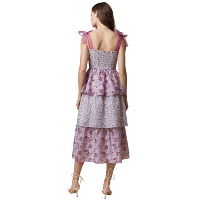 Peach Love California Floral Printed Organza Strap & Smocking Dress ID801024