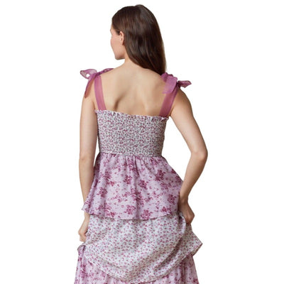 Peach Love California Floral Printed Organza Strap & Smocking Dress ID801024