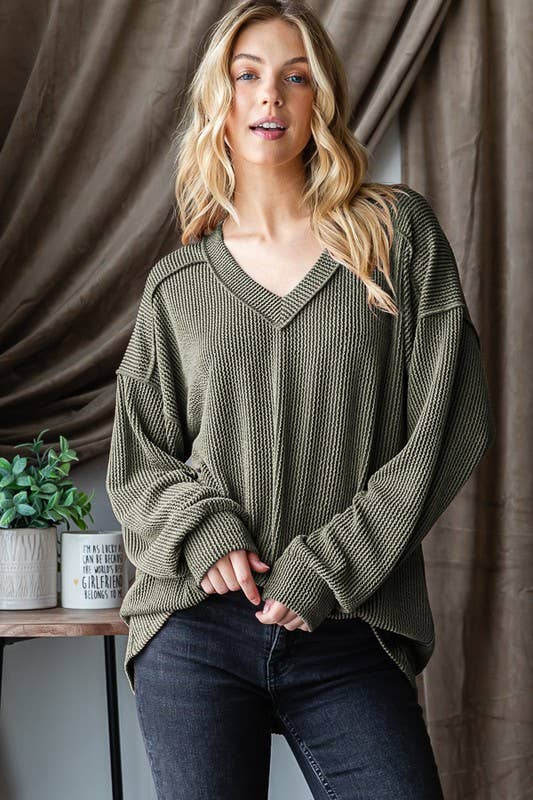 Heimish Olive Green Long Puff Sleeve Ribbed Top ET7650