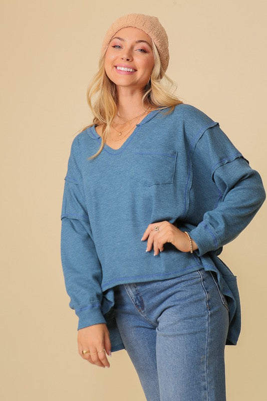 Timing Thermal High Low V-Neck Oversized Top TT3048