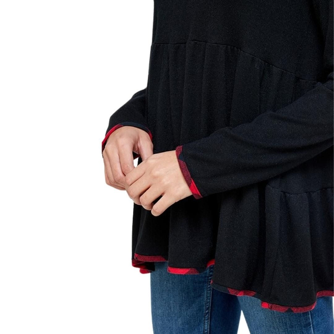 Twenty Ten Black Long Sleeve Layered Knit Top with Red Plaid Accents TTP-613CM