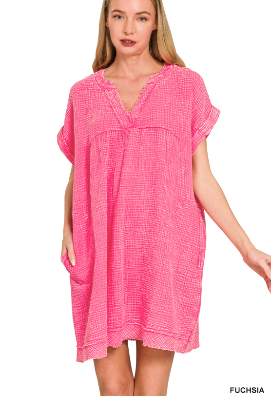 zenana tiered midi dress Zenana Washed Double Gauze Raw Edge V-Neck DRESS QDW-1377A – dalia + jade