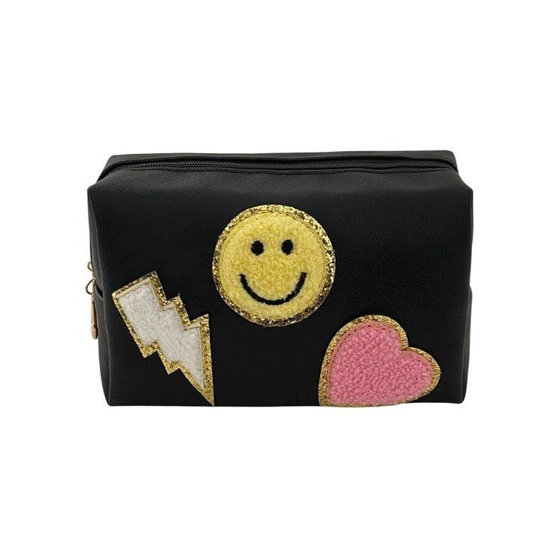 Zenana Ivory Preppy Happy Face Patch Makeup Cosmetic Bag U-220