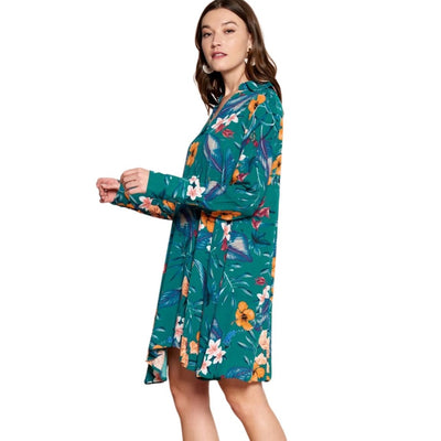 ODDI Teal Long Sleeve Floral Print Collared V-Neck Mini Dress ID12295