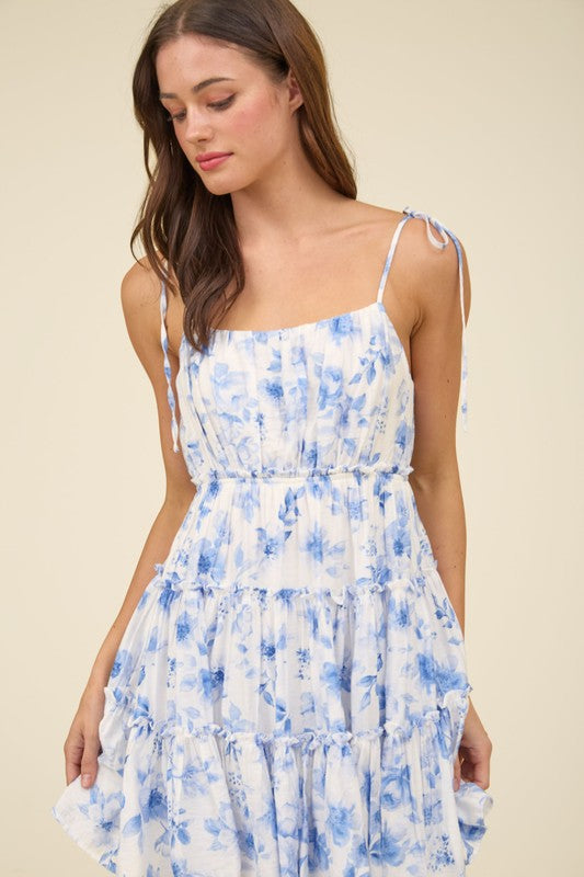 Blu Pepper Floral Spaghetti Strap Back Tie Tiered Mini Dress Green or Blue CR2459 Blue / Small