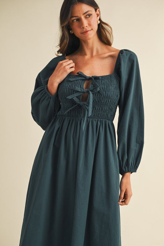 Anniewear Front Bow Detail Smocking Bodice Forest Green Midi Dress AD4905W