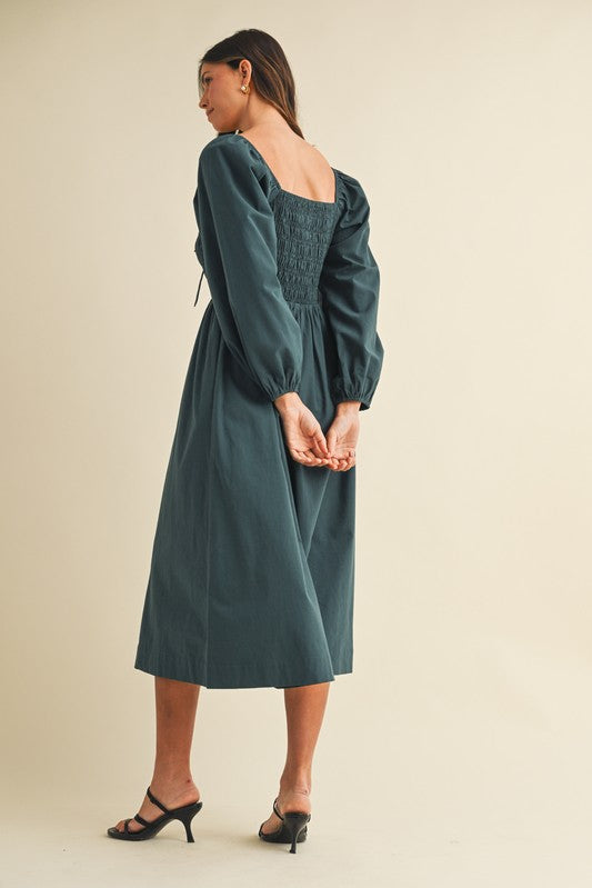 Anniewear Front Bow Detail Smocking Bodice Forest Green Midi Dress AD4905W