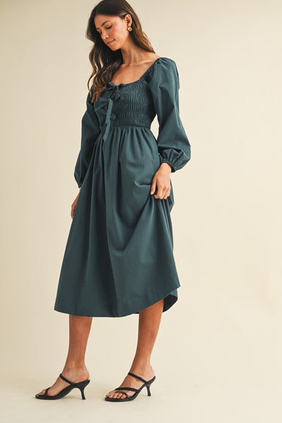 Anniewear Front Bow Detail Smocking Bodice Forest Green Midi Dress AD4905W
