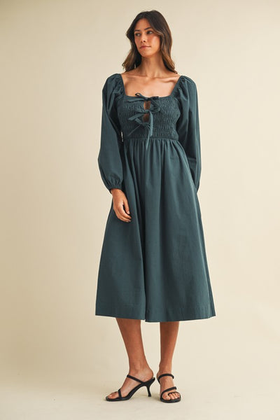 Anniewear Front Bow Detail Smocking Bodice Forest Green Midi Dress AD4905W