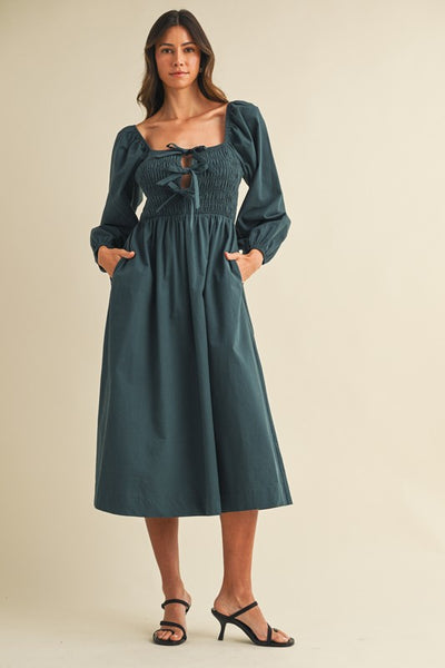 Anniewear Front Bow Detail Smocking Bodice Forest Green Midi Dress AD4905W