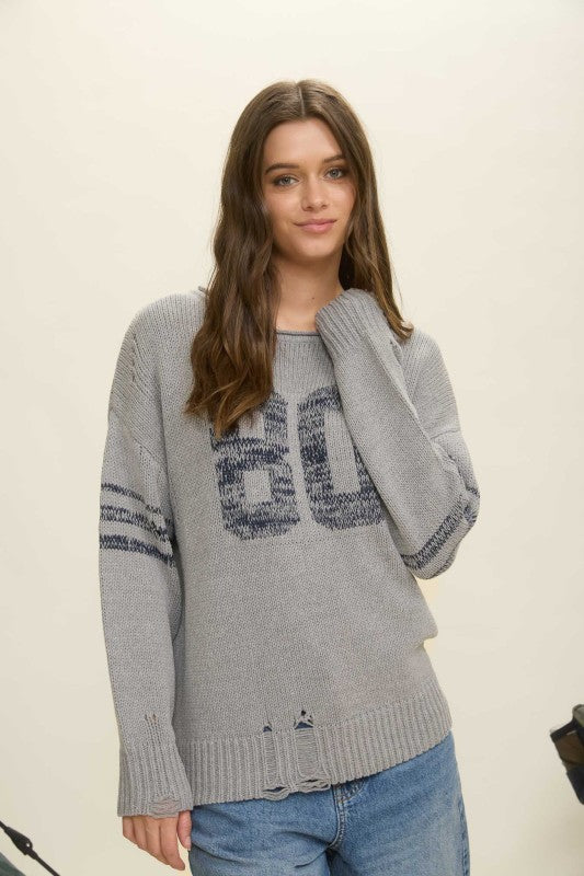 J.O.A. Distressed Long Sleeve Varsity Knit Top J5ST1005