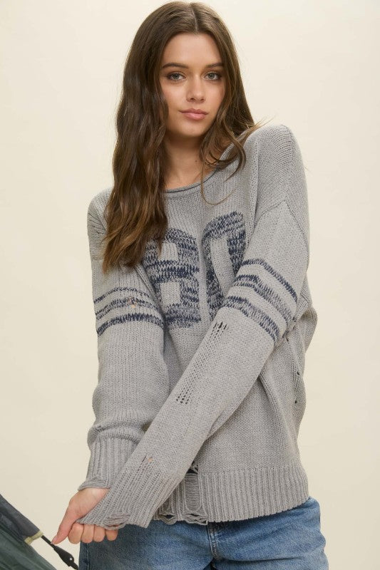 J.O.A. Distressed Long Sleeve Varsity Knit Top J5ST1005