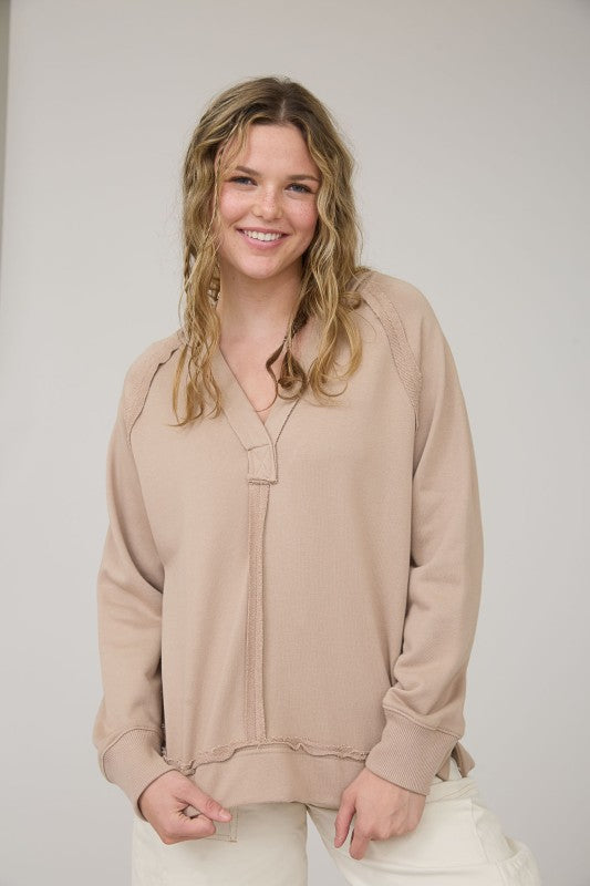 Blu Pepper Hooded V Neck Raw Edge Long Sleeve Knit Top CR2391