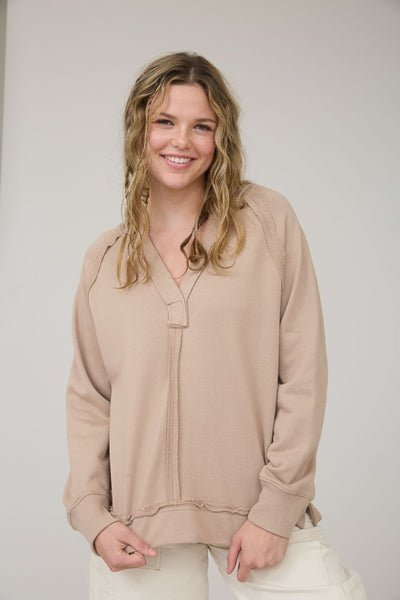 Blu Pepper Hooded V Neck Raw Edge Long Sleeve Knit Top CR2391