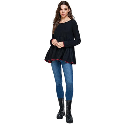Twenty Ten Black Long Sleeve Layered Knit Top with Red Plaid Accents TTP-613CM