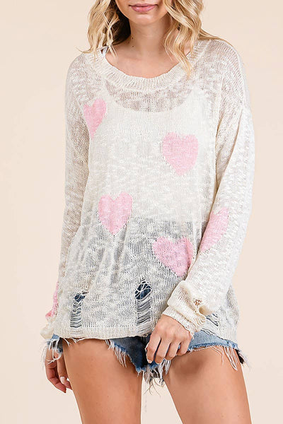 Kori Pink Distressed Heart Light Weight Sweater C5348RE