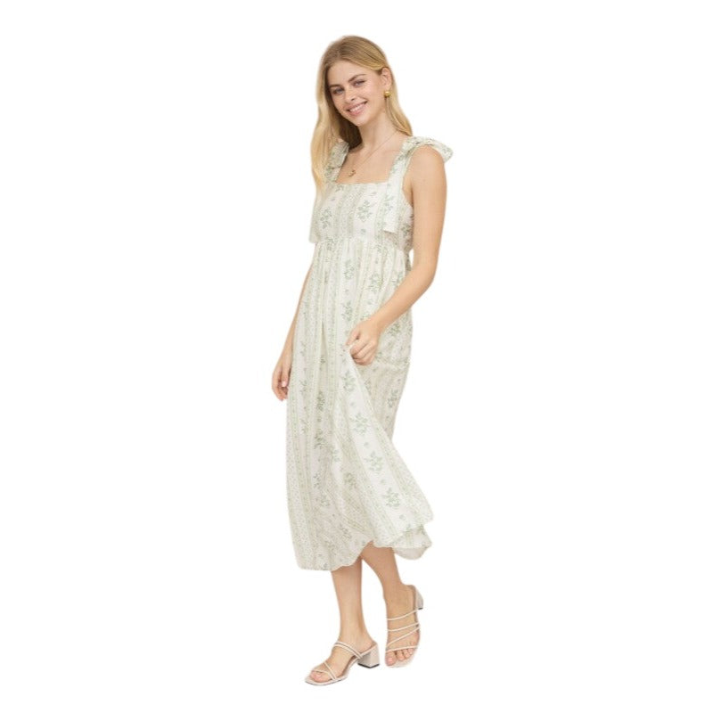 Blu Pepper Stripe Floral Pattern Tie Strap Empire Midi Dress CR2860 Green / Medium Blu Pepper Stripe Floral Pattern Tie Strap Empire Midi Dress CR2860 Green / Medium