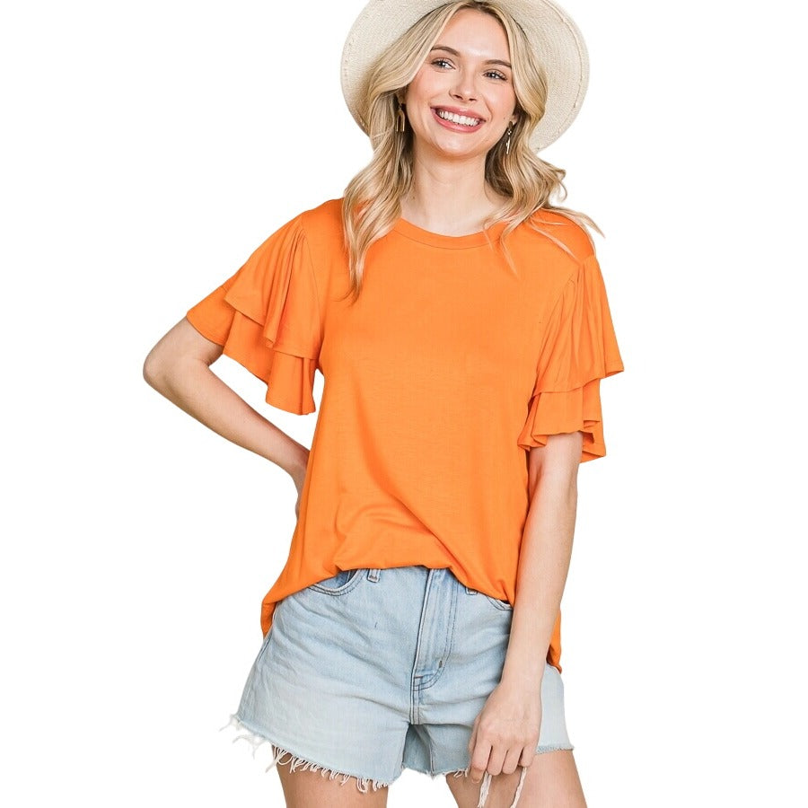 Culture Code Orange Round Neck Loose Fit Ruffle Sleeve Top CAY1482