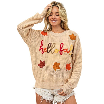 BIBI HELLO FALL AND MAPLE LEAF APPLIQUE TAUPE SWEATER IP8254J