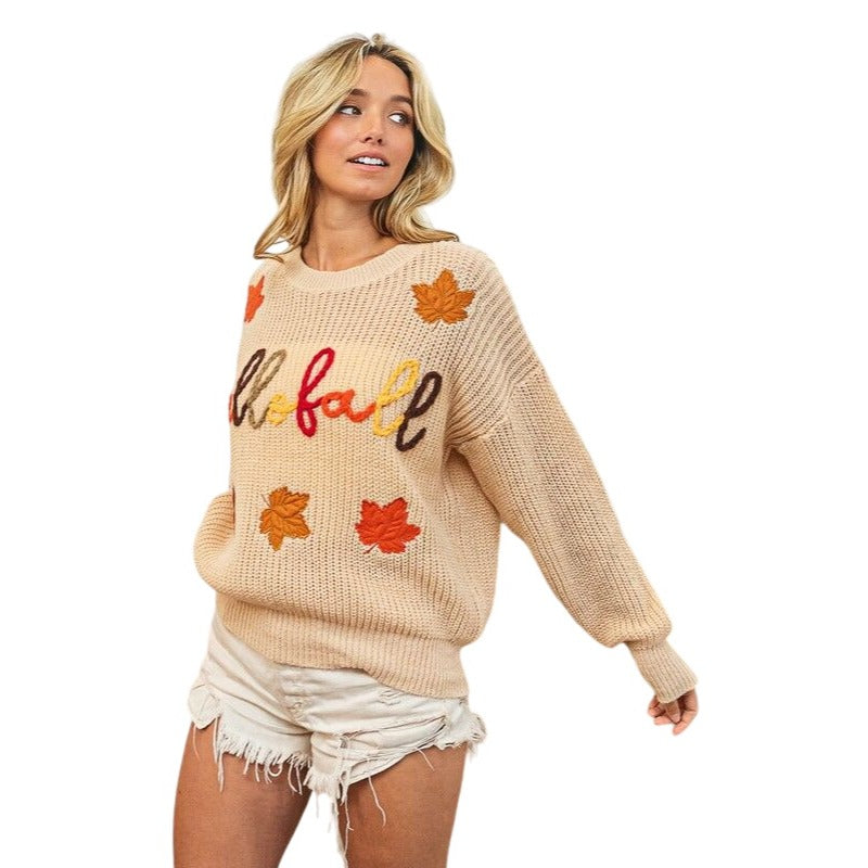 BIBI HELLO FALL AND MAPLE LEAF APPLIQUE TAUPE SWEATER IP8254J