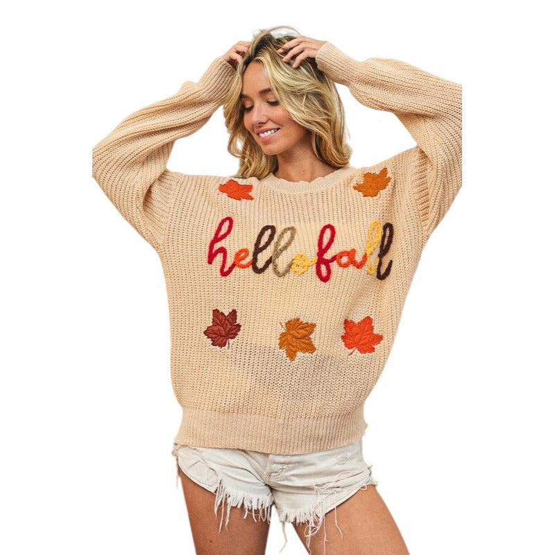 BIBI HELLO FALL AND MAPLE LEAF APPLIQUE TAUPE SWEATER IP8254J