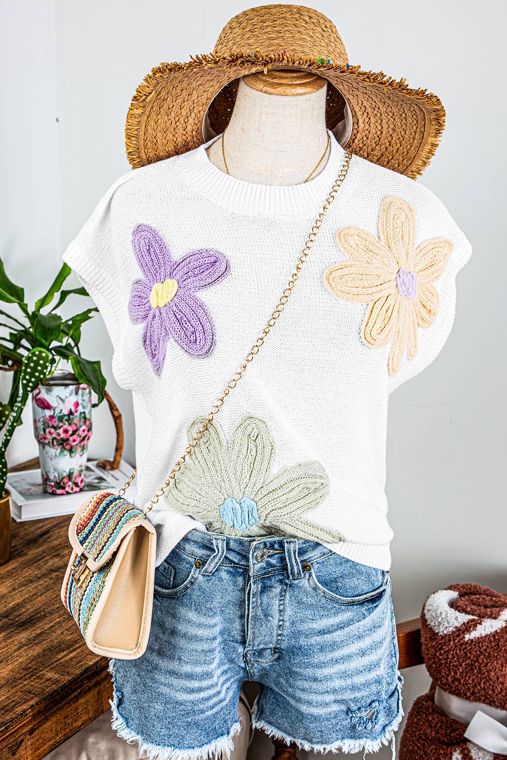 White or Pink Short Sleeve Sweater Crochet Flower Knit Tops