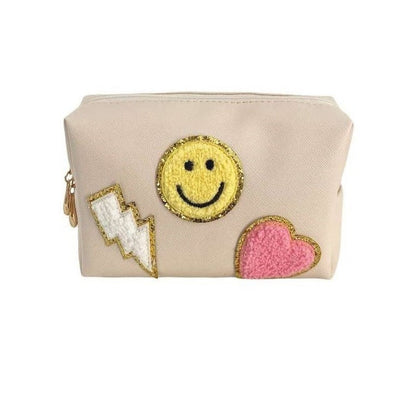 Zenana Ivory Preppy Happy Face Patch Makeup Cosmetic Bag U-220