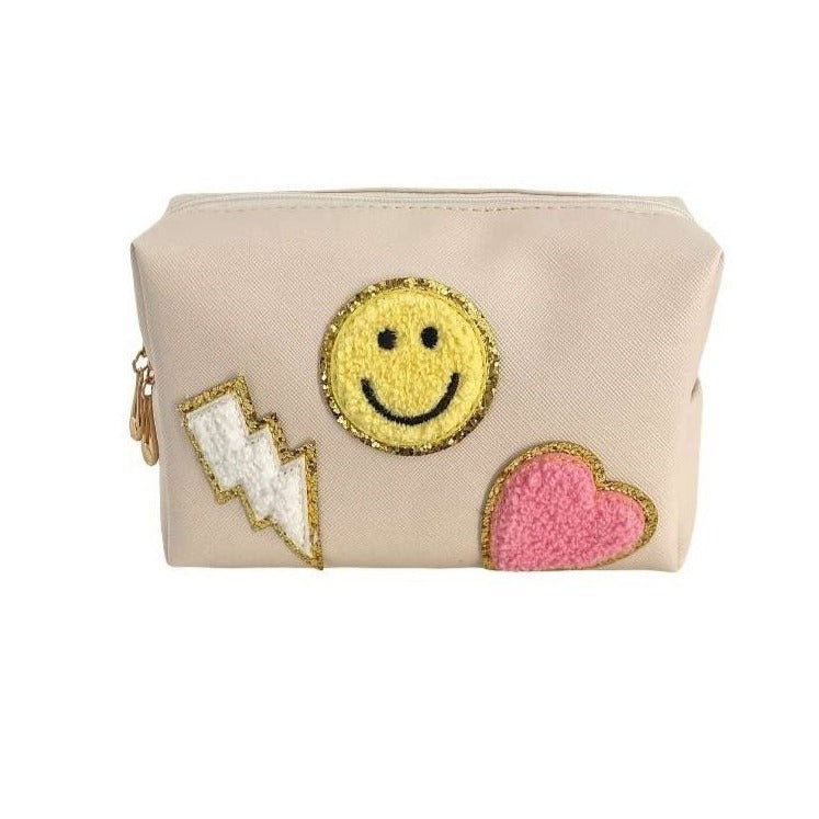 Zenana Black Preppy Happy Face Patch Makeup Cosmetic Bag U-220